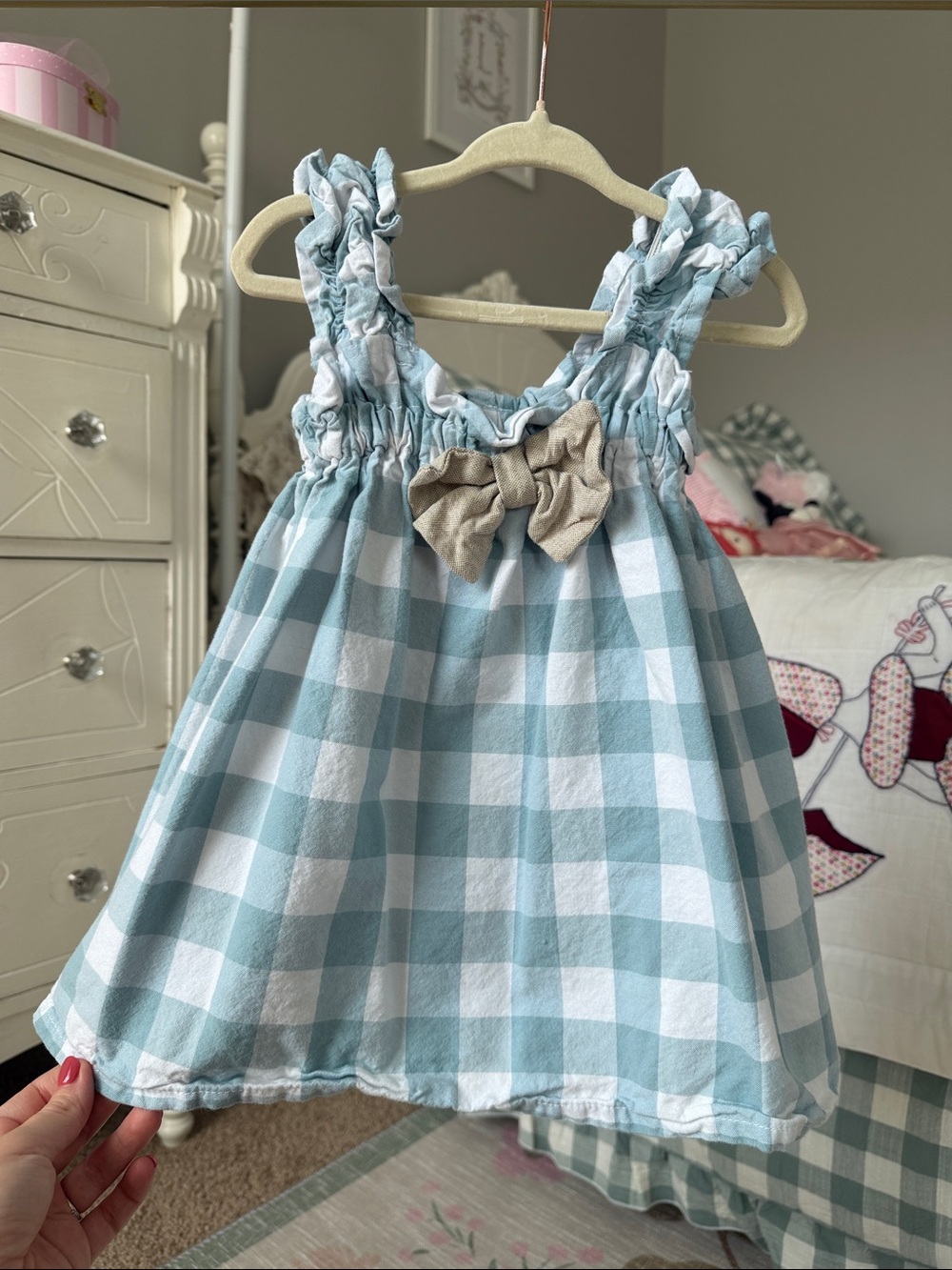 Light Blue Gingham Girls' Sundress with Beige Bow